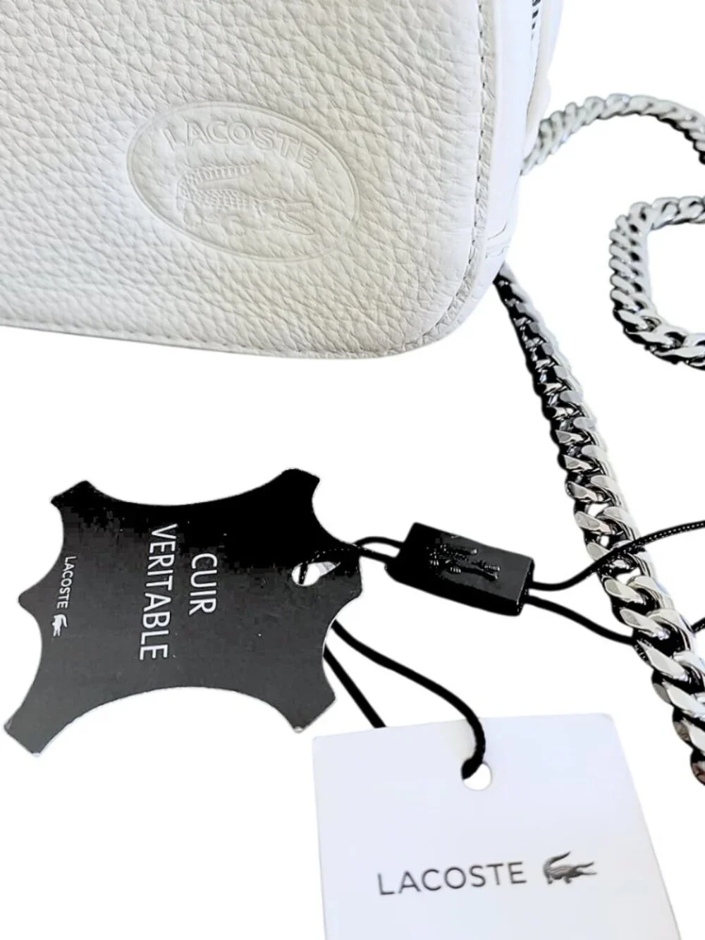 Lacoste NWT White Croco Crew Grained Leather Zip Crossbody Bag - Silver Chain - Picture 2 of 15